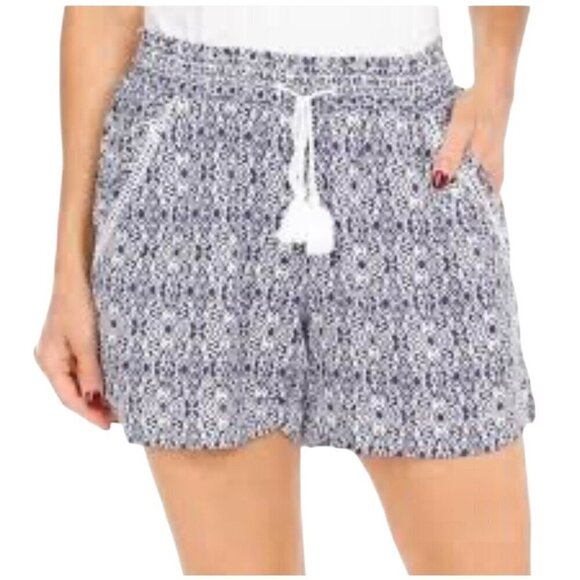 NAVY Pants - Briggs Linen Blend Boho Tassel Shorts Navy White Large